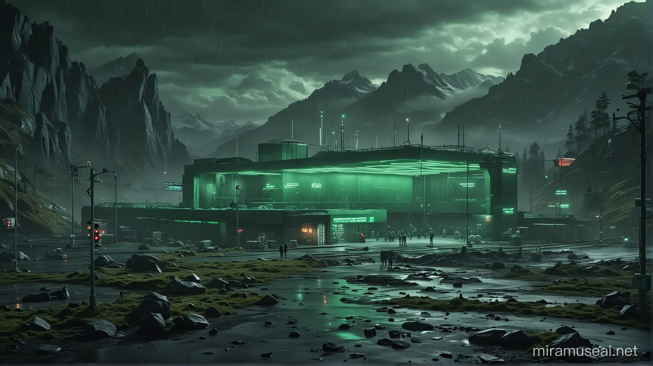 Futuristic Research Center Amidst Enigmatic Green Neon Glow in Rainy Atmosphere