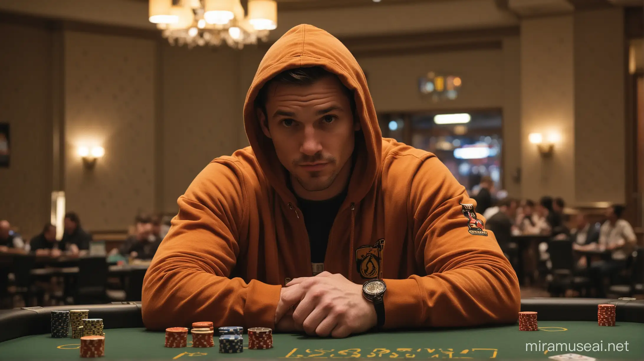 Adult male in his 30s sitting in a casino with a hoodie on. His face is seen from the tip of his nose, and down, his hoodie covers the top of his face because he leans slightly forward with his head tilted forward. He has a golden watch on his wrist, and poker chips on the table in front of him, along with a glass of whiskey by his side. His orange is some kind of red color, with golden outlinings. In the background, two armed bodyguards stand, and he is alone at the blackjack table with lots of poker chips.