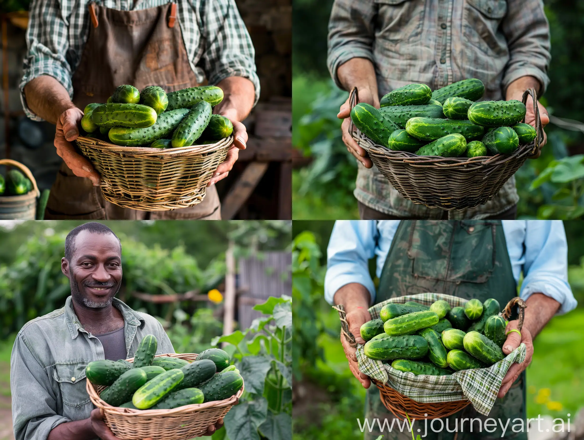 Real natural light photo of a man holding a basket of cucumbers.