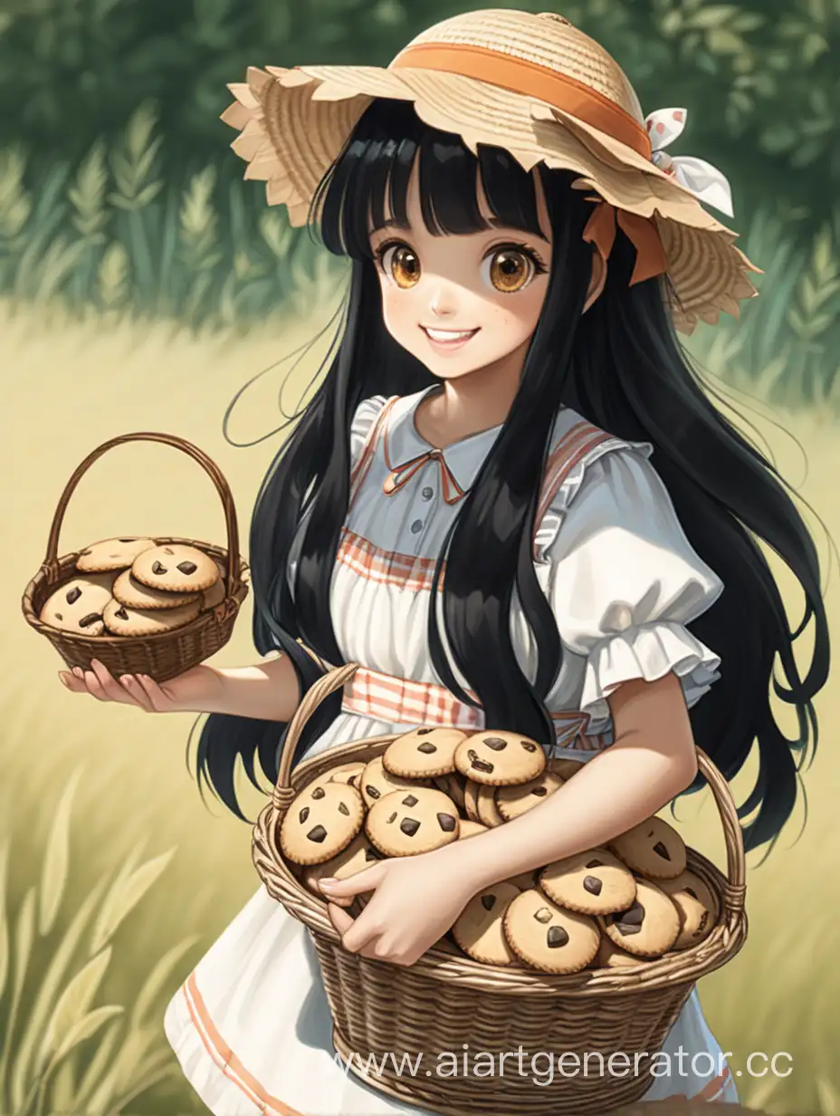 Девушка с черными длинными волосами, черными глазами теплой улыбкой корзинка с печеньем в руках соломеная шляпа легкое платье