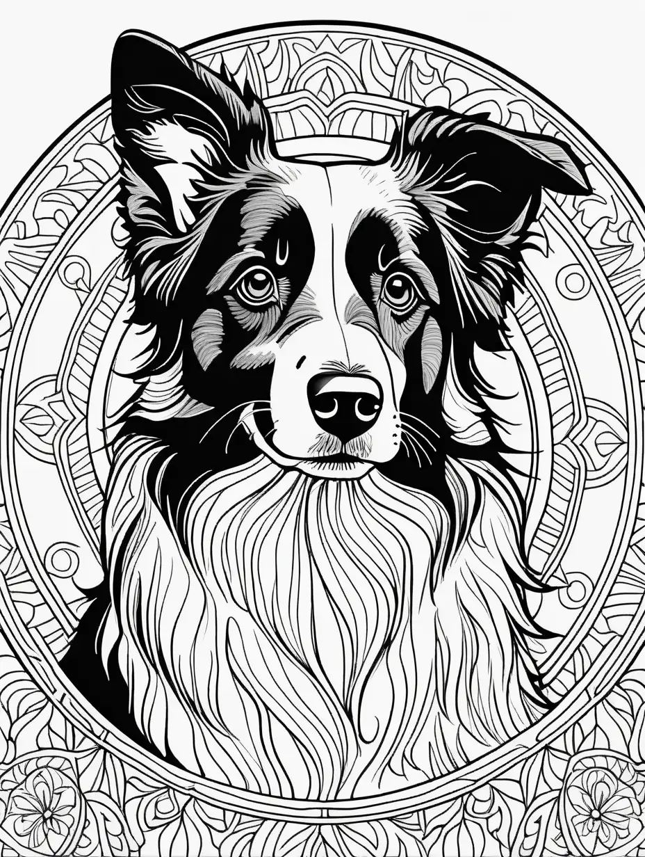Adult Coloring Book page of a border collie with a mandala background, thin lines, low detail, no shading