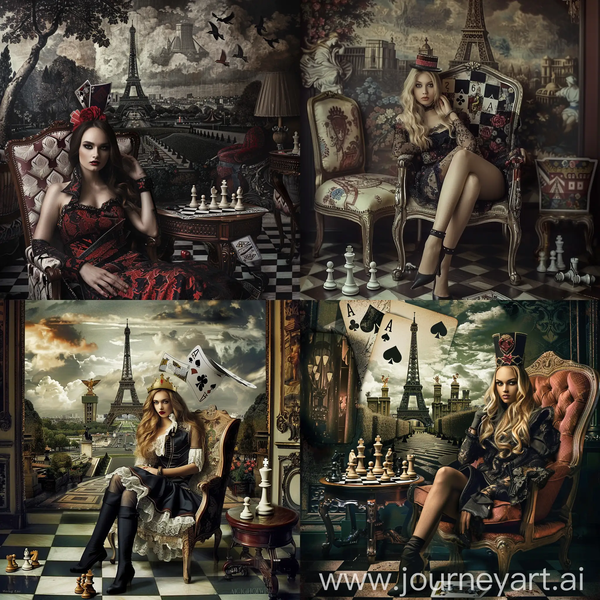 fashion photography, girl in chair, poker card in the background, with the chess path leading to her with pawns, eiffer tower