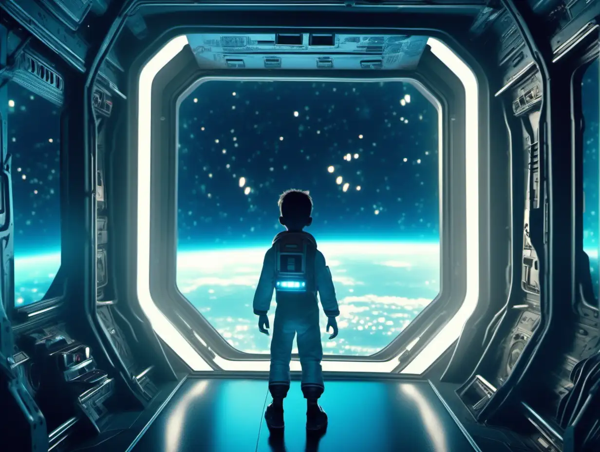 Cinematic moment of animated boy, in eerie space shuttle, CGI animation, gaming, moody, blue toned cinematic lighting, greenery --ar 4:3 -- s750