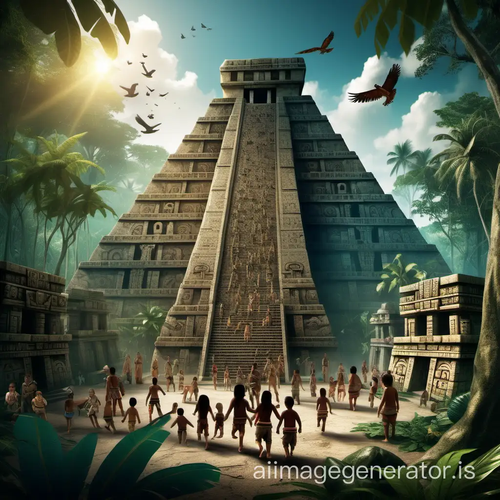 Create an entire Mayan city with people, multiple pyramids, temples, animals, and children playing, all of this takes place in the jungle