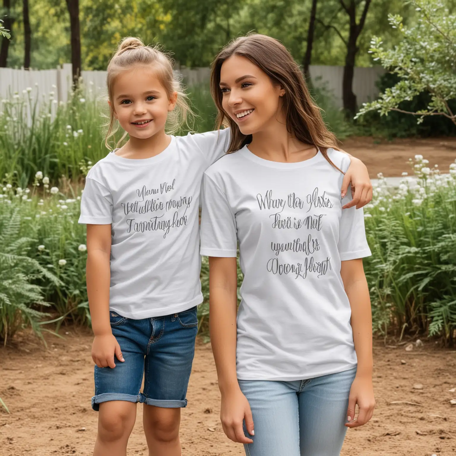 Outdoor Wedding White Tee Mockup with Female Adult and Toddler Girl Models