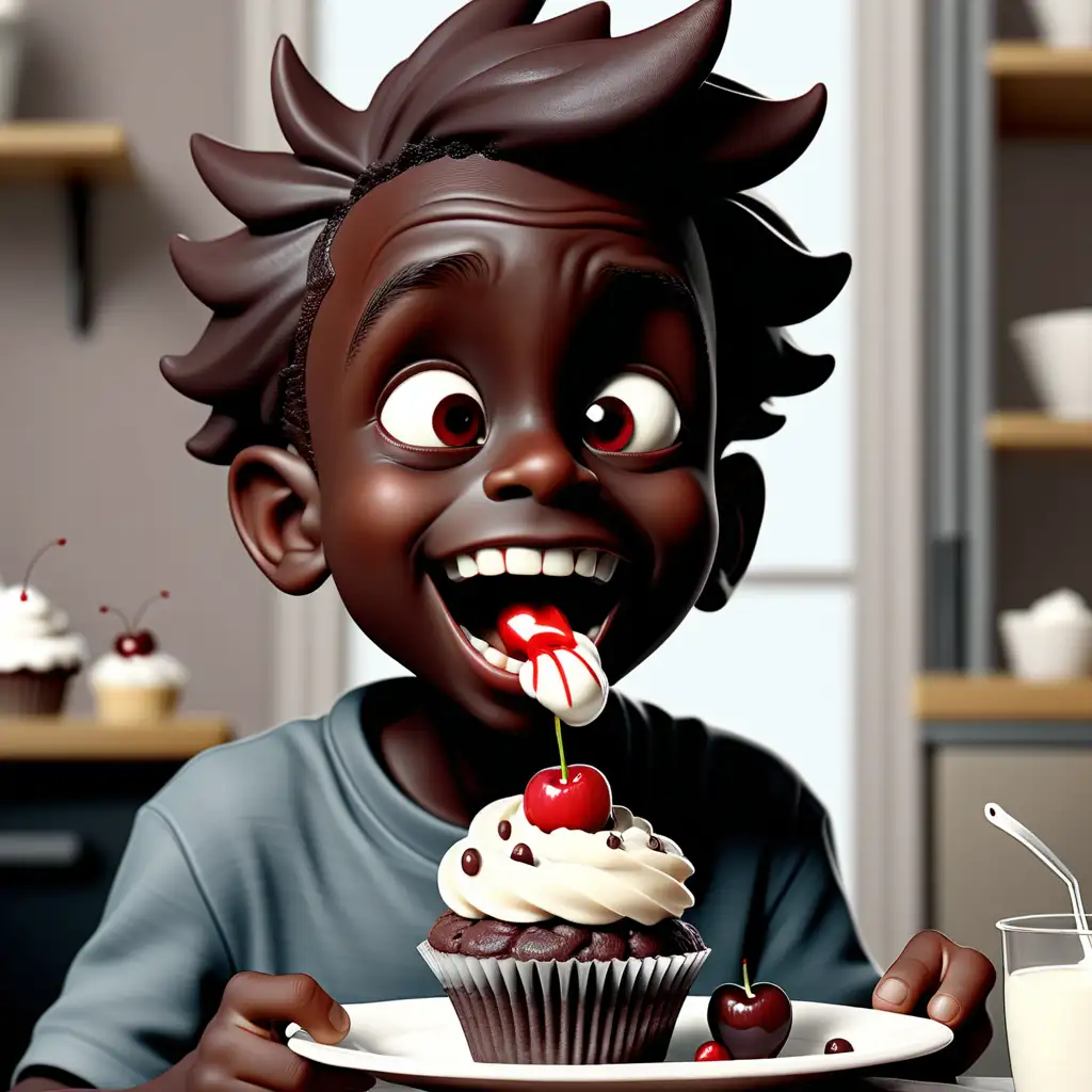A black belgian boy happily eating a chocolate cupcake with cream and cherry on the top.