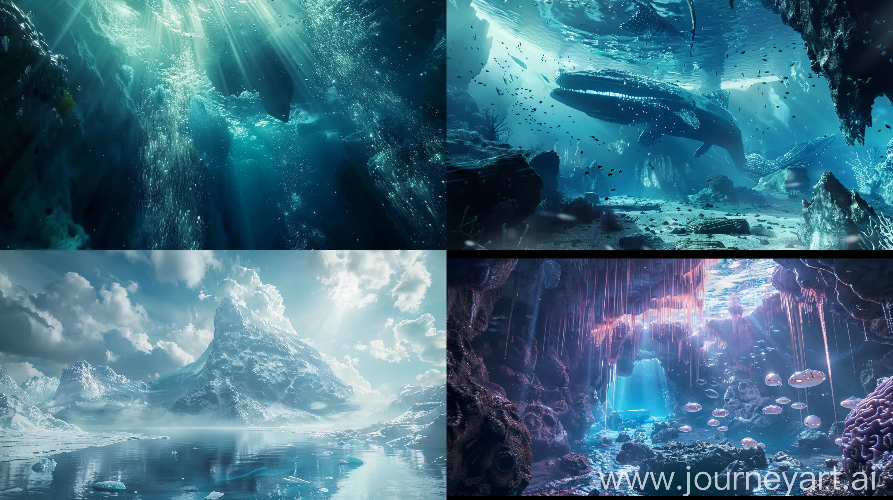 22-year-old Chinese square round face handsome boy:: 4, the front panorama meets the sea monster in the undersea world., cinematic, Ice, Underwater world::3, 3D design::2, Titanic style, --ar 16:9 