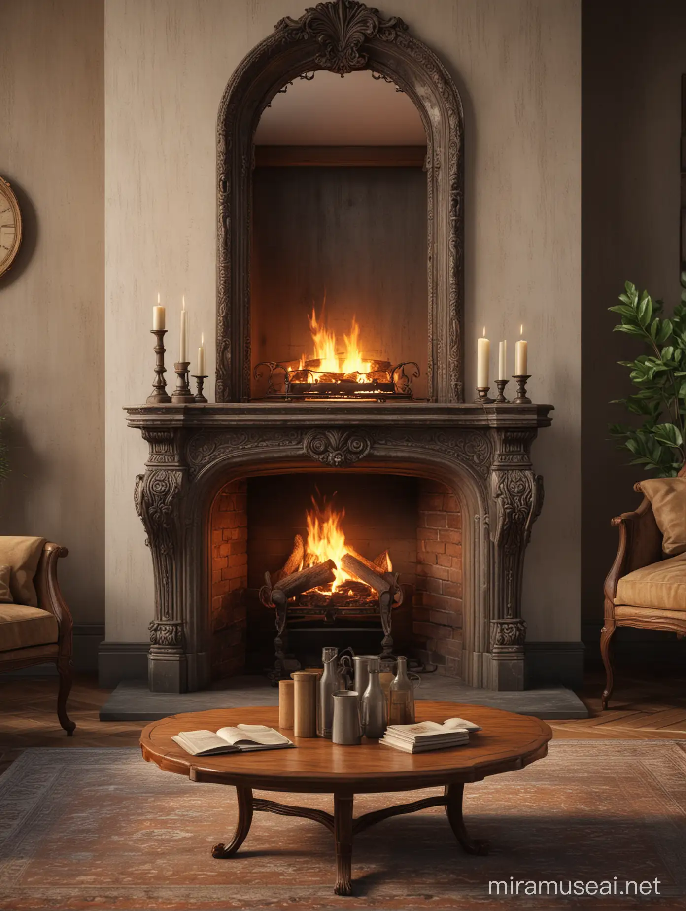 fireplace in old vintage living room round coffee table, perfect composition, beautiful detailed intricate insanely detailed octane render trending on artstation, 8 k artistic photography, photorealis
