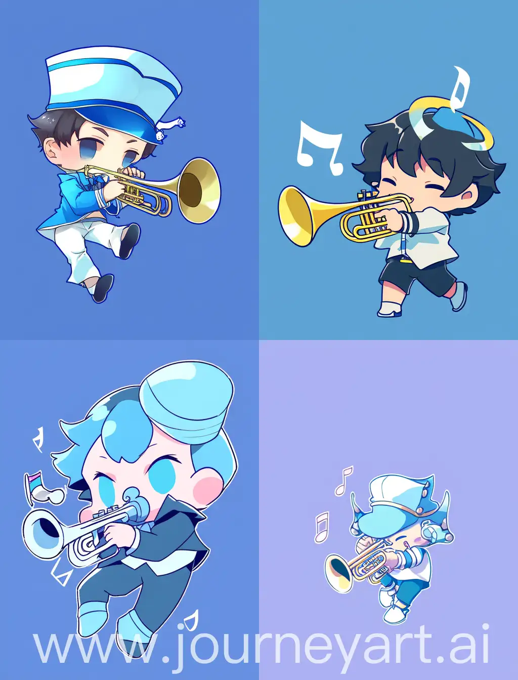 chibi anime guy playing trumpet, with blue solid background, 