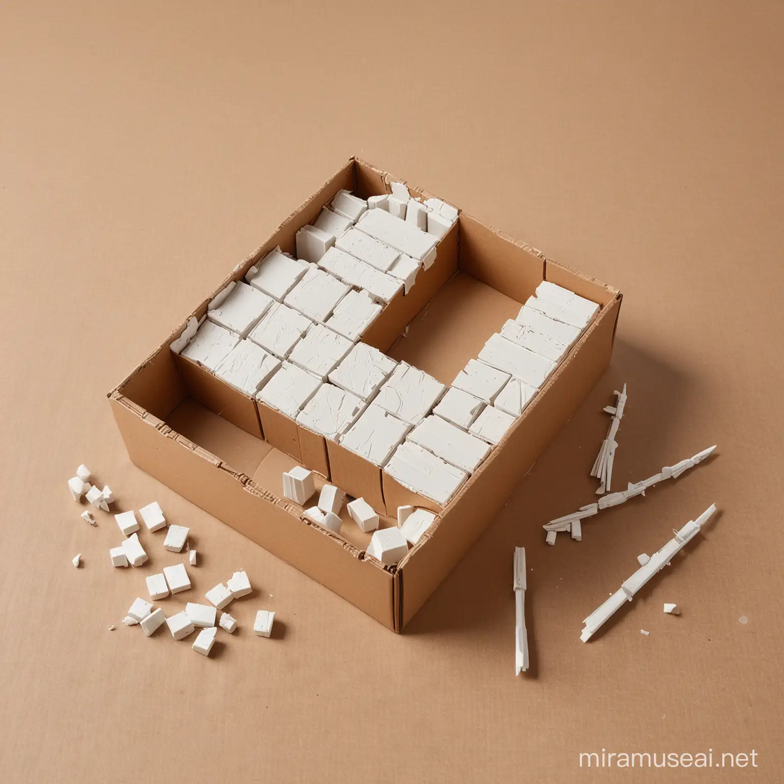 a art kit for children- a box that contains small white bricks, glue, cardboard and brushed in a cardboard box. A concept for brick building kit. Design a packaging for the kit