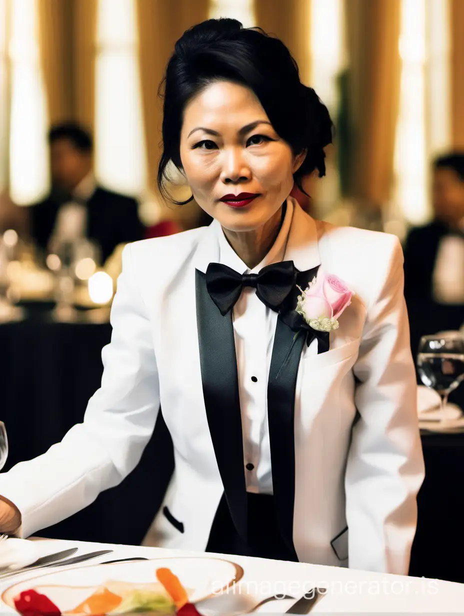 40 year old stern vietnamese woman with shoulder length hair and lipstick wearing a tuxedo with a black bow tie. Her jacket has a corsage. She is at a dinner table.