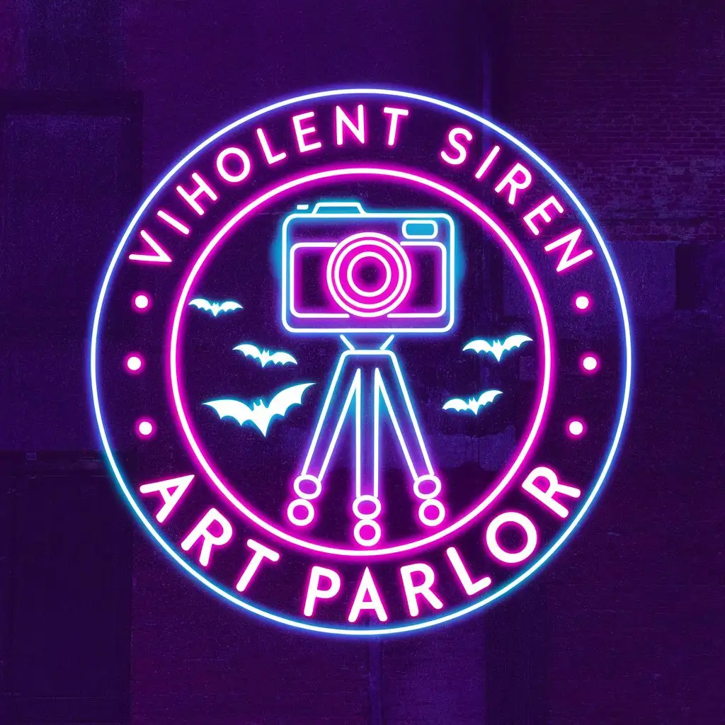 LOGO-Design-for-Viholent-Siren-Art-Parlor-Cinematic-Camera-Tripod-with-Neon-Bats-and-Typography