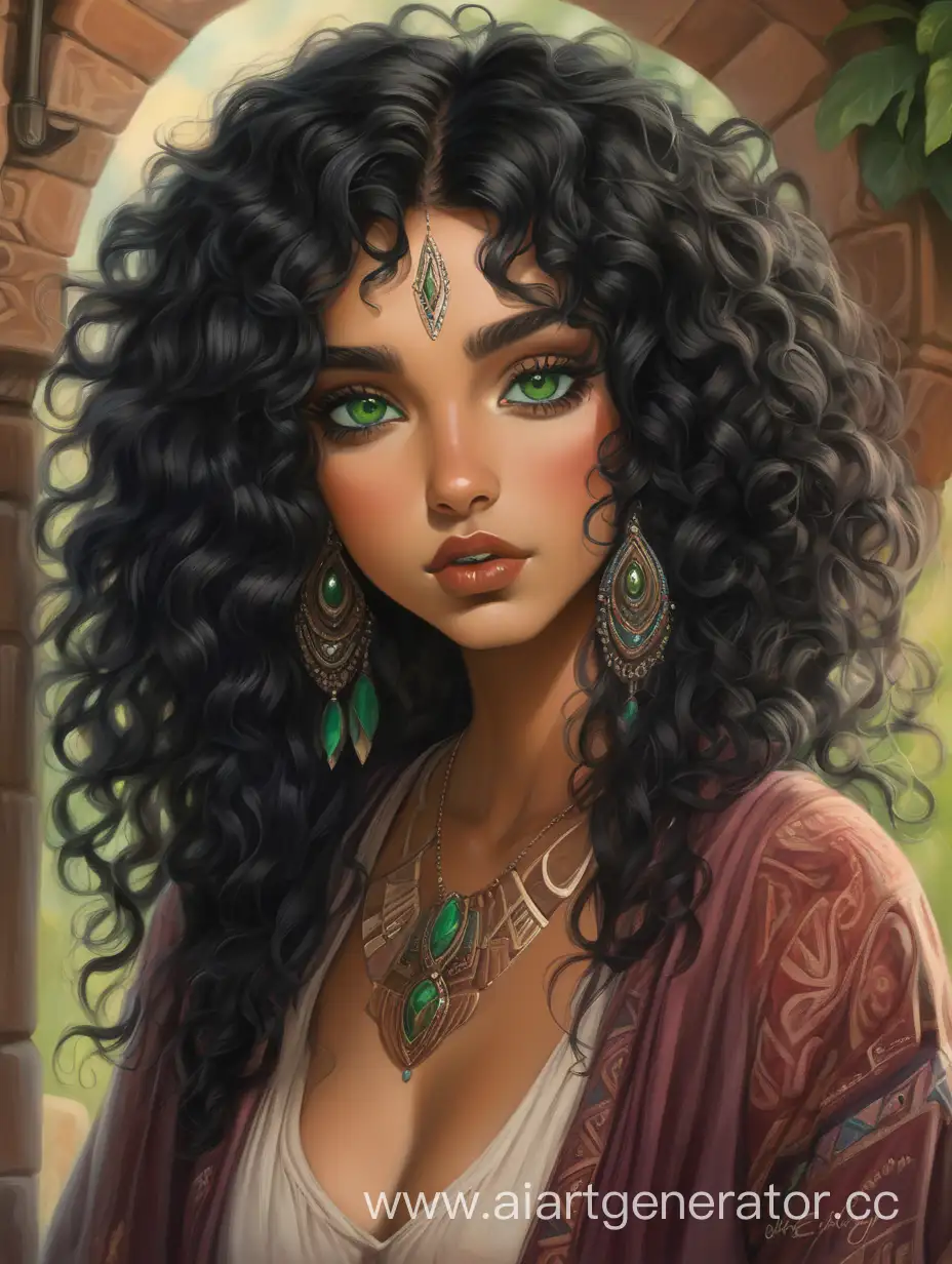 Gypsy, swarthy skin, green eyes, lush curly black hair, plump lips