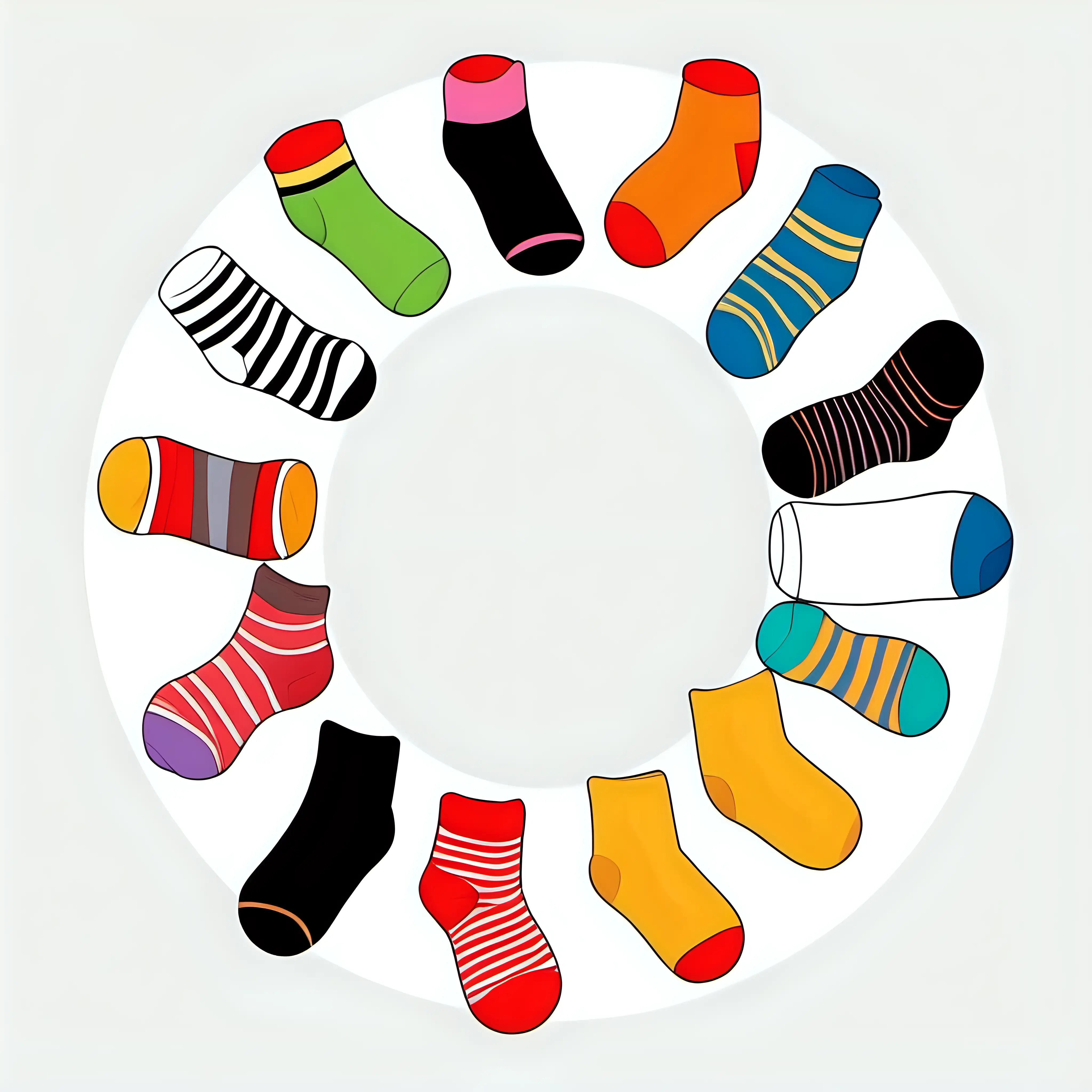 CARTOONISH white socks, colored socks, various socks  forming circle on a white background, cartoon style