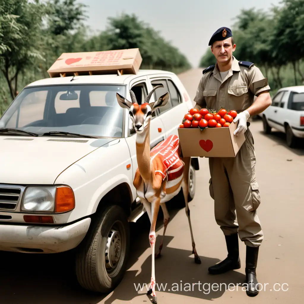 Driver-in-Uniform-Holding-Gazelle-with-Bandaged-Leg-and-Tomatoes