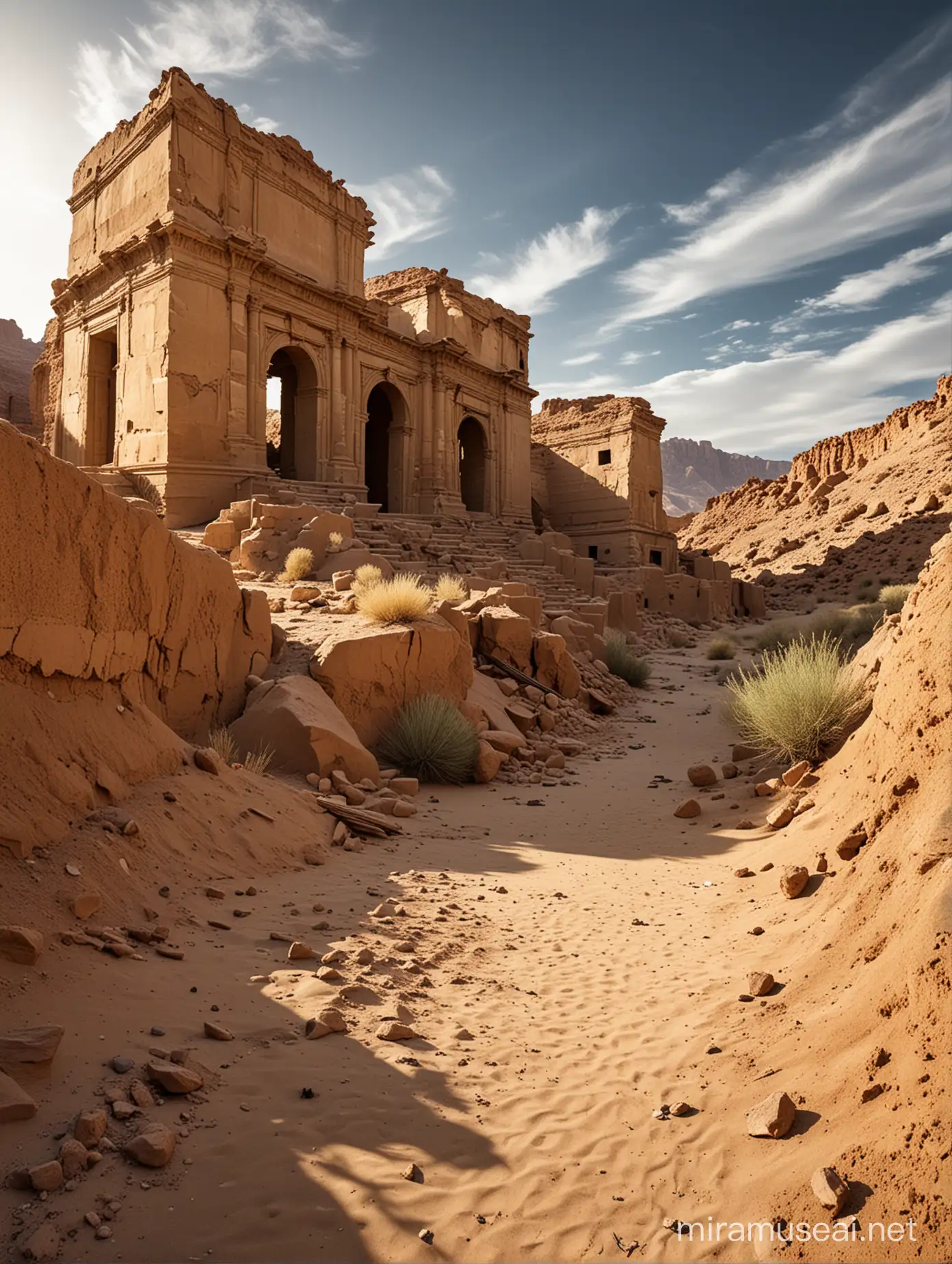 Majestic Desert Architecture Modern and Ruined Structures Amidst Vast Sandscapes