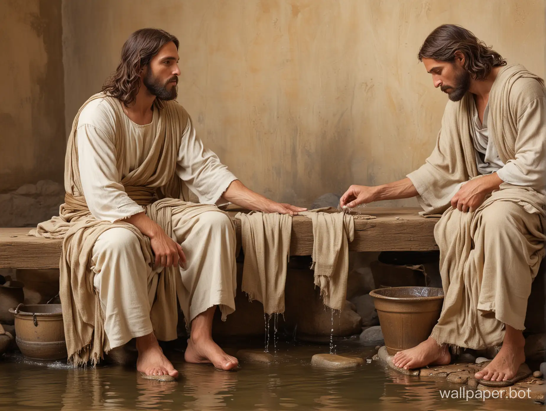 Jesus washes his disciples' feet. full body views. detailed features, sharp image