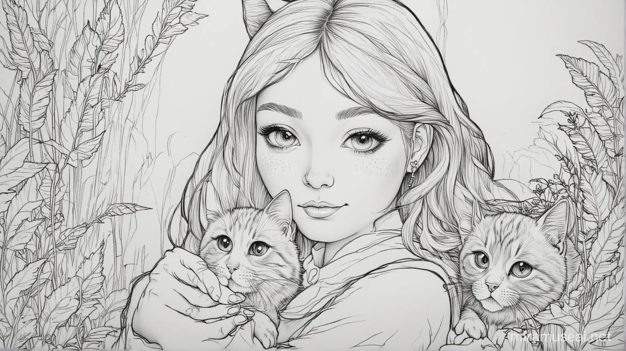 Adorable Girl Coloring with her Playful Cat Cute Printable Coloring Page