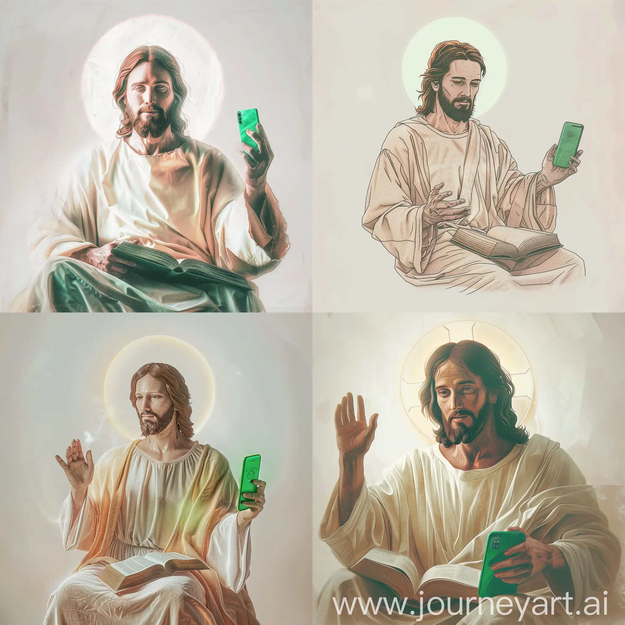 https://www.divino.ai/_next/static/media/f5QKz6MN3228572Wie8Transformed2Png.4d22ead1.png The overall color palette should consist of soft hues with white (#FFFFFF) background and no corners.

The figure of Jesus Christ, stylized yet identifiable, is placed on the center of the image. He is seated comfortably, dressed in a simple robe filled with calming tones.  His hands rest gently on the bible in his lap. Nobody else can be seen.

His face, larger than in the previous version, takes up a good portion of the center-right of the image. His eyes are clear and kind, looking directly towards the viewer, establishing a strong visual connection.

A soft, warm light illuminates his face, subtly forming a halo around his head. The light is more pronounced on his face, highlighting his peaceful and inviting expression.

Add a detail of one hand raised slightly, the palm open and facing the viewer, in a calming and welcoming gesture while holding a green smartphone.

The image should be void of unnecessary details to keep the focus on the figure of Jesus Christ, portraying him as a therapist in a modern, stylized, yet relatable manner. 