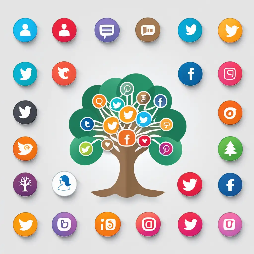 Create colored icon for E-Learning Social Media as a tree with 10 small social icons.