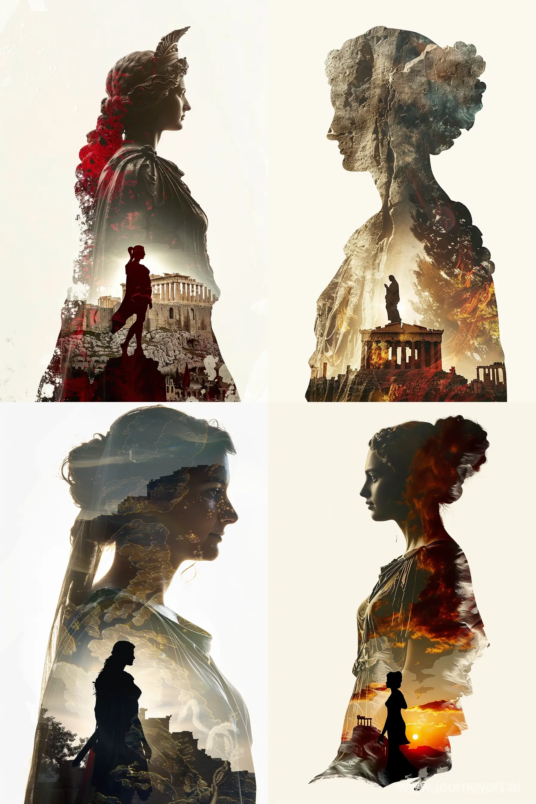 Double exposure illustration of goddess athena, with a large shadow at the back, and a silhouette explaining his past fro Athens, Acropolis, with a white background --ar 2:3 --v 6
