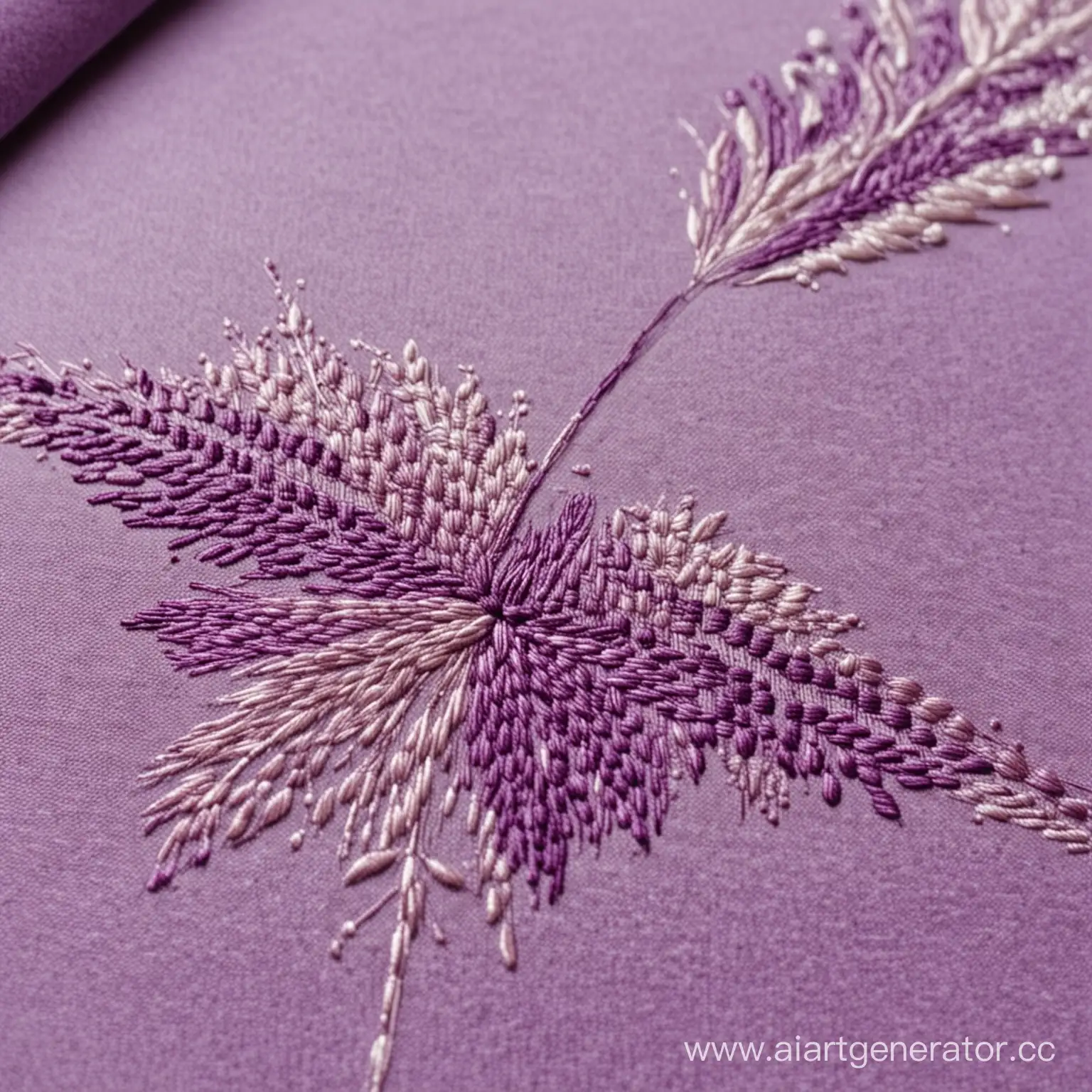 Процесс вышивания на текстиле, принт готов на 70%, игла входит в ткань, всё в фиолетовых тонах