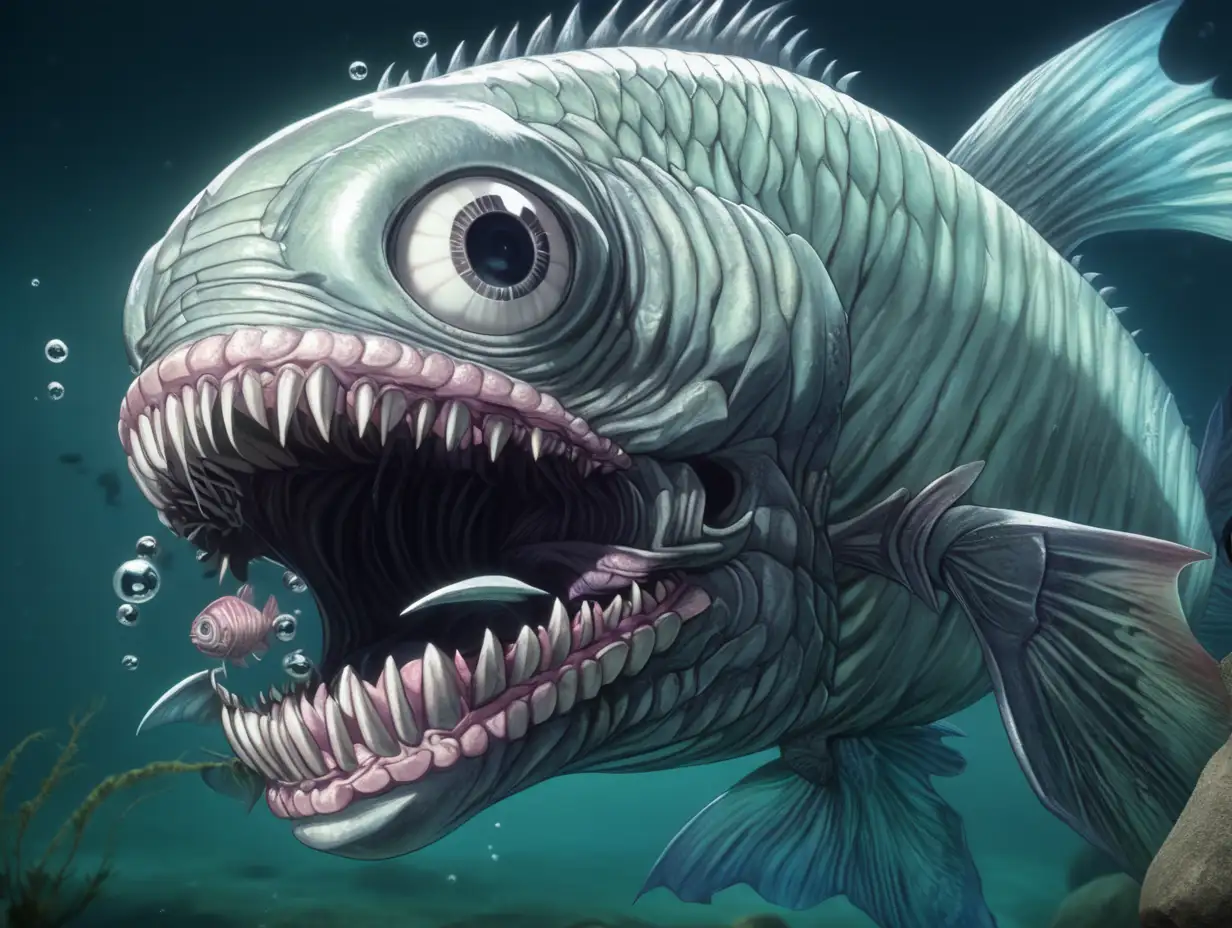 Eerie Lady Fish Monster in Dark Anime Scene