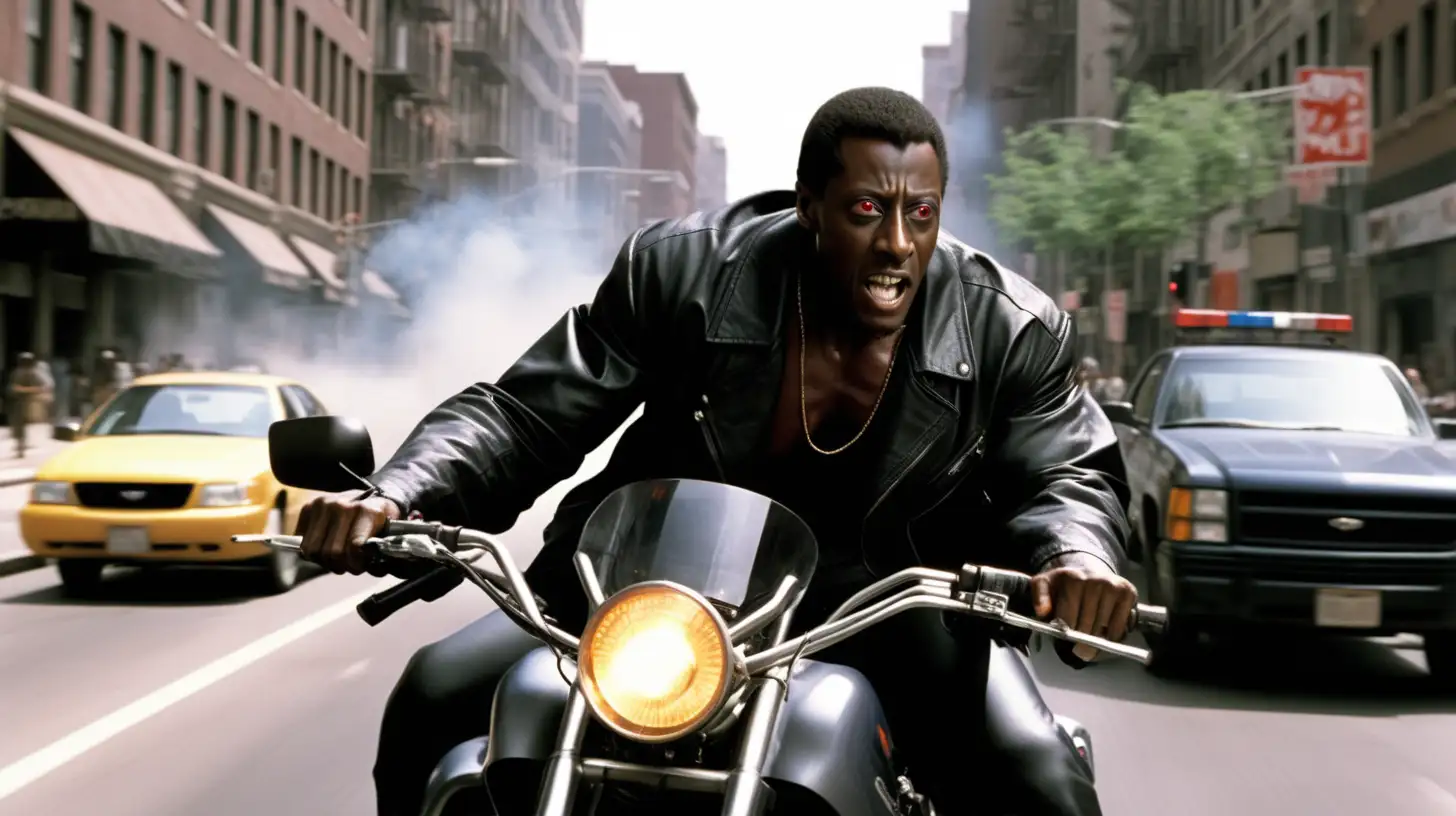 Wesley Snipes engaging in a high-speed motorcycle chase through the city streets, evading the vampires.