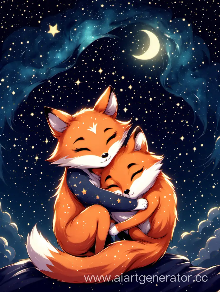 Feline-and-Fox-Embrace-under-the-Starlit-Night-Sky