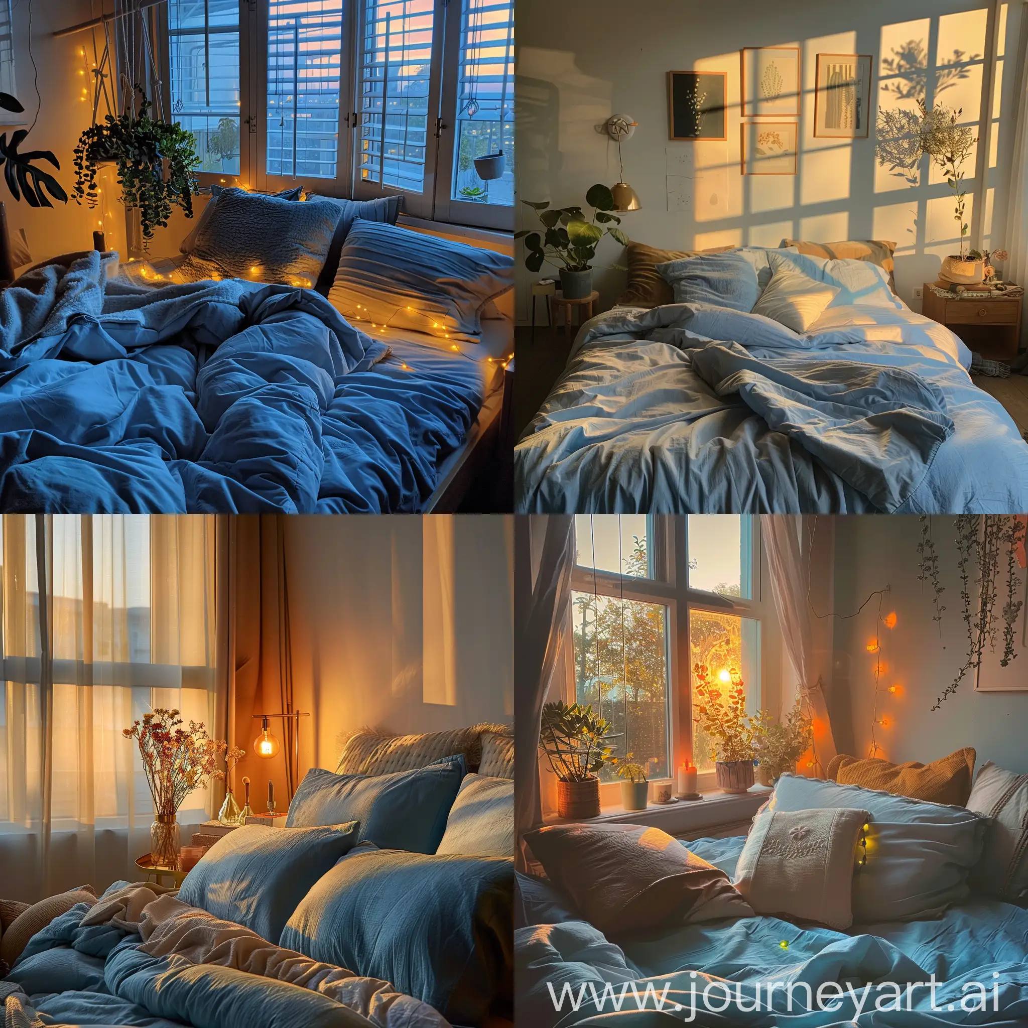 a calm asthetic blue vibes bedroom at the golden hour