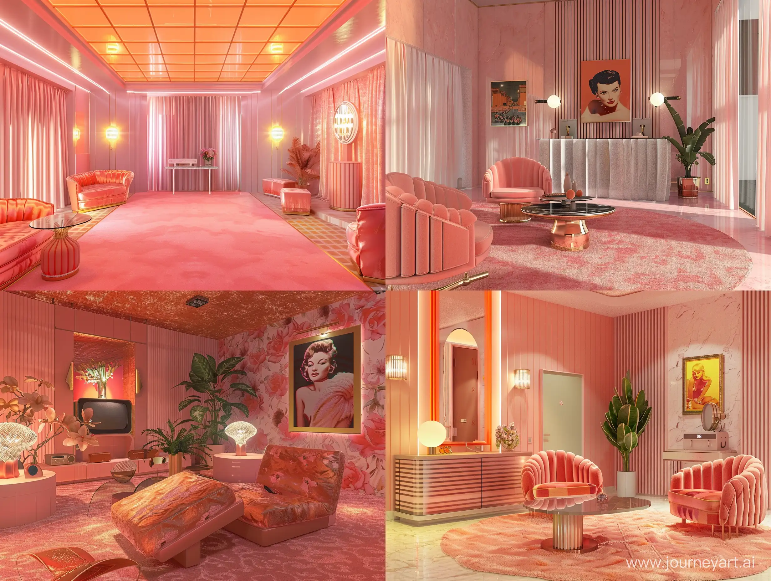 An 80s room with a neo-retro, retro, indie, vintage, classic, trend, antique, timeless, 80s decorations, rosé and salmon aesthetic, realistic, photorealistic, real, architecture, inspired by "Gentlemen Prefer Women" Blondes", cinema, film