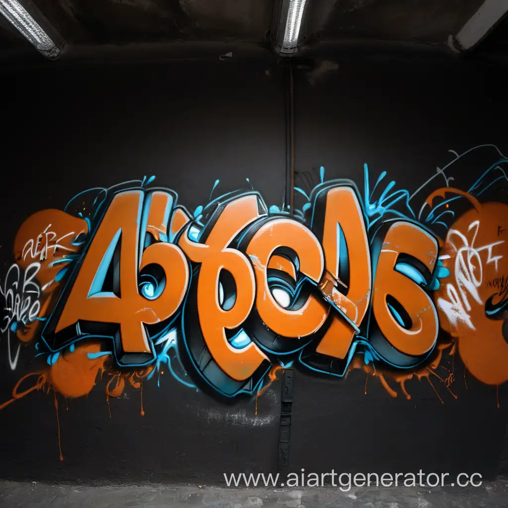 Графити с надписью Apel'sin в оранжевом цвете, на фоне темной стены. Без пола
