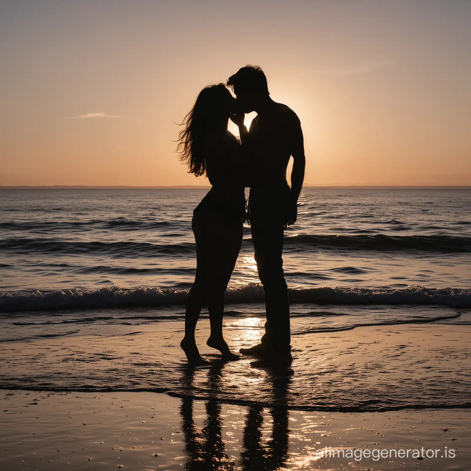 Silhouette of couple kissing on the beach