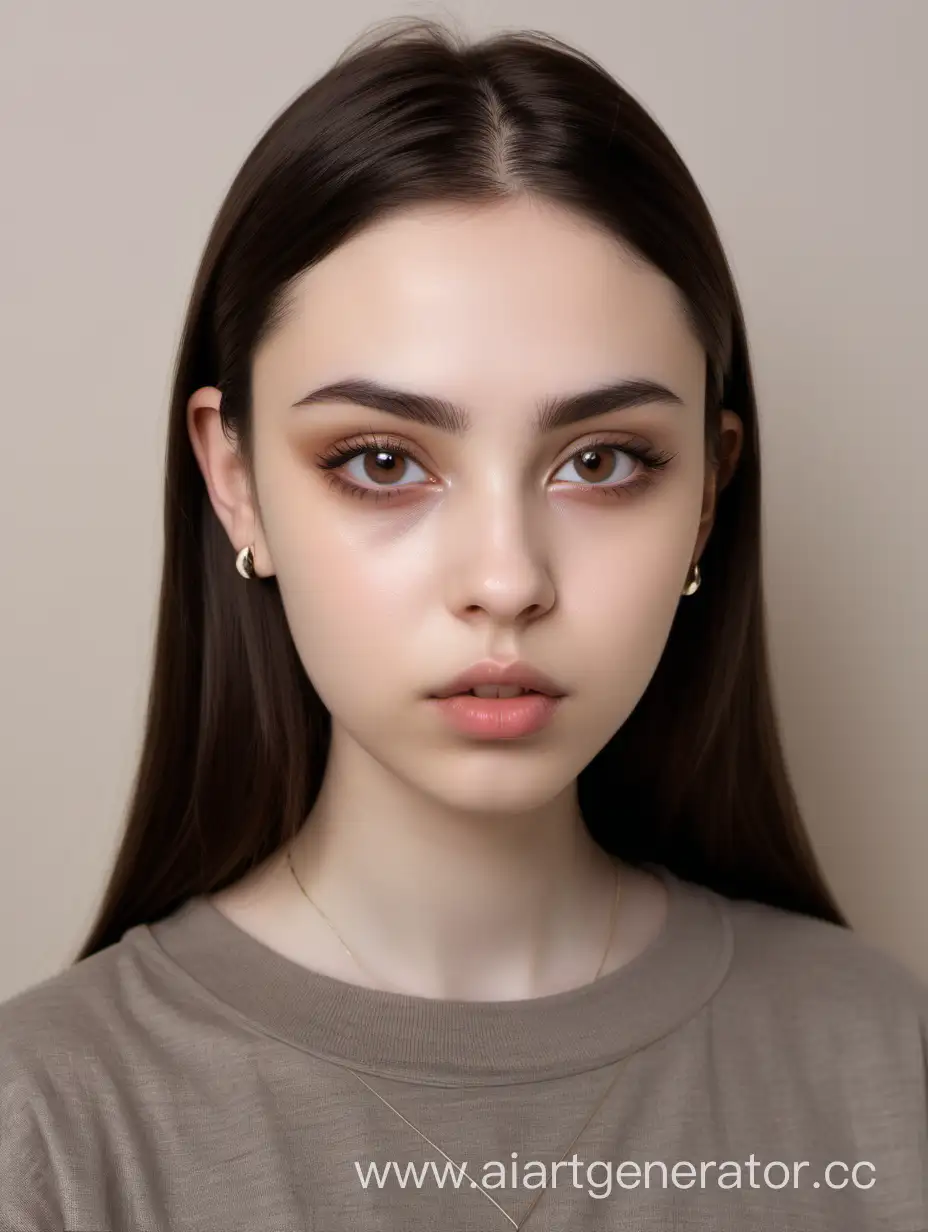 Serious girl, with dark brown straight hair below shoulders, thin almond-shaped chocolate eyes, light butter skin, oval refined face with soft cheeks , big pointed nose with septum piercing, small heart-shaped lips