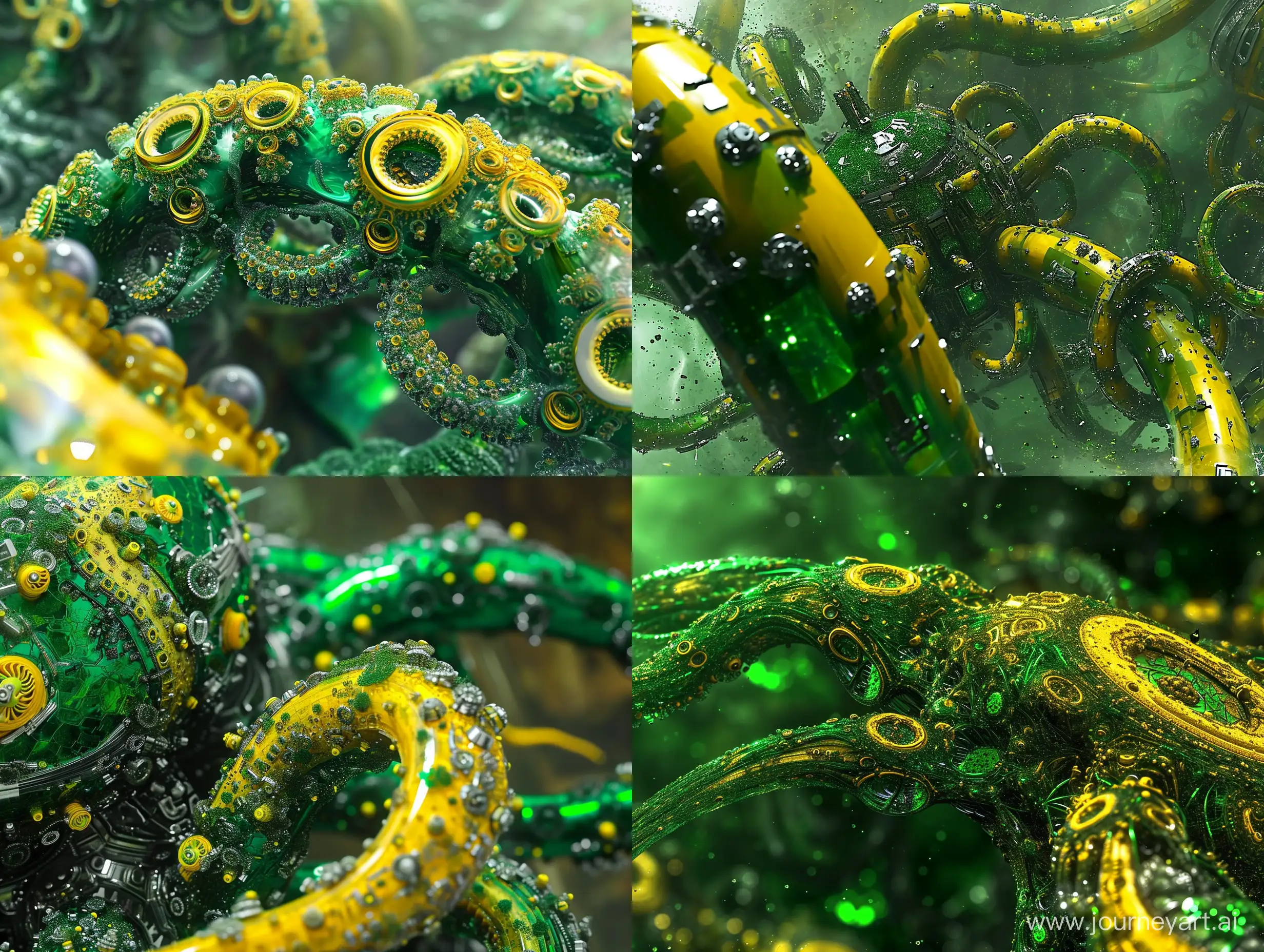 Nanobot swarm, nanomachine, Particle monster, spaceship, tentacle, green and yellow, metallic, extremely detailed