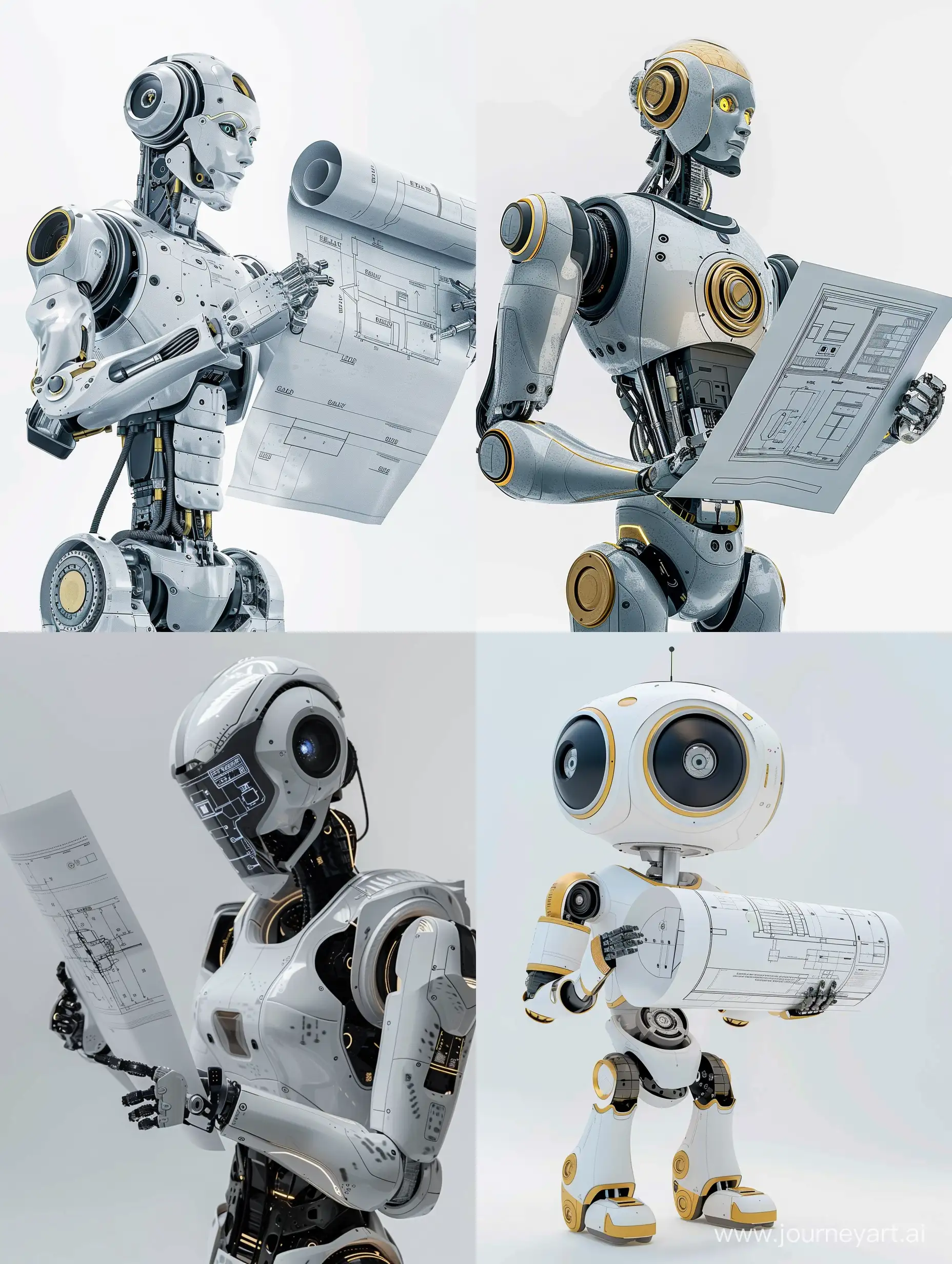 clever beauty robot which holding a blueprint, white background