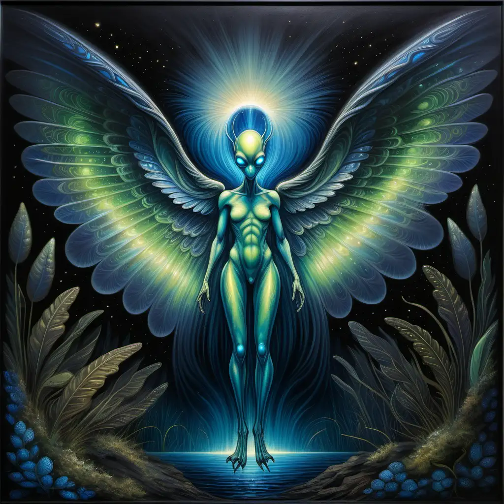 In a mesmerizingly ethereal composition, an otherworldly bioluminescent creature with magnificent wings enchants the viewer. The main subject of this oil painting is a winged alien, radiating soft hues of glowing blues and greens. This captivating image, painted with meticulous detail, captures the iridescence and enchantment of the alien's presence. The wings, adorned with delicate patterns, shimmer like stardust against a dark backdrop, evoking a sense of magic and mystery. The immersive nature of the painting transports observers into a fantastical realm where the alien's luminescence illuminates the artistic brilliance of the image. An exquisite testament to the artist's skill, this piece invites contemplation and wonder.