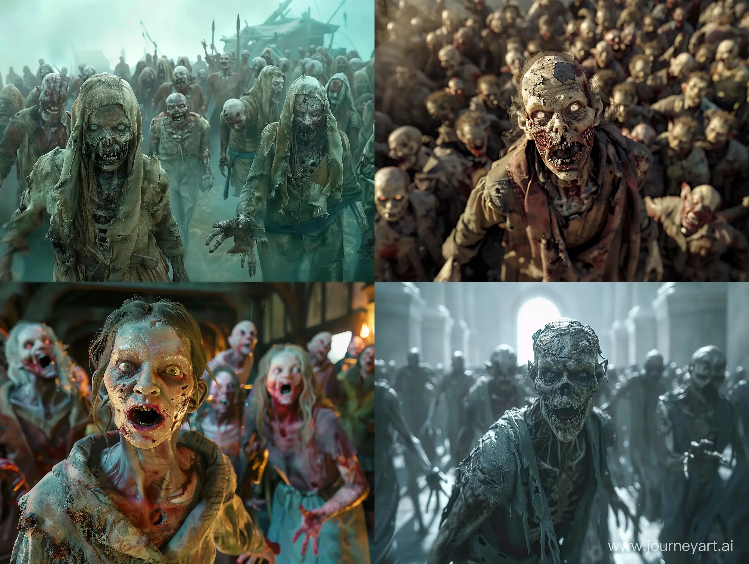 photorealistic cinematic shot, the zombie horde are too many wizards can handle this females