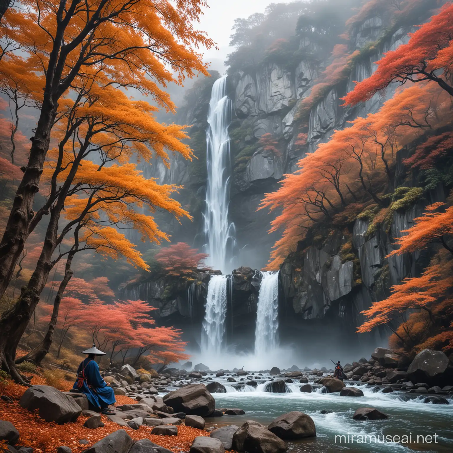 Serene Samurai by Cascading Waterfall in Autumn Forest