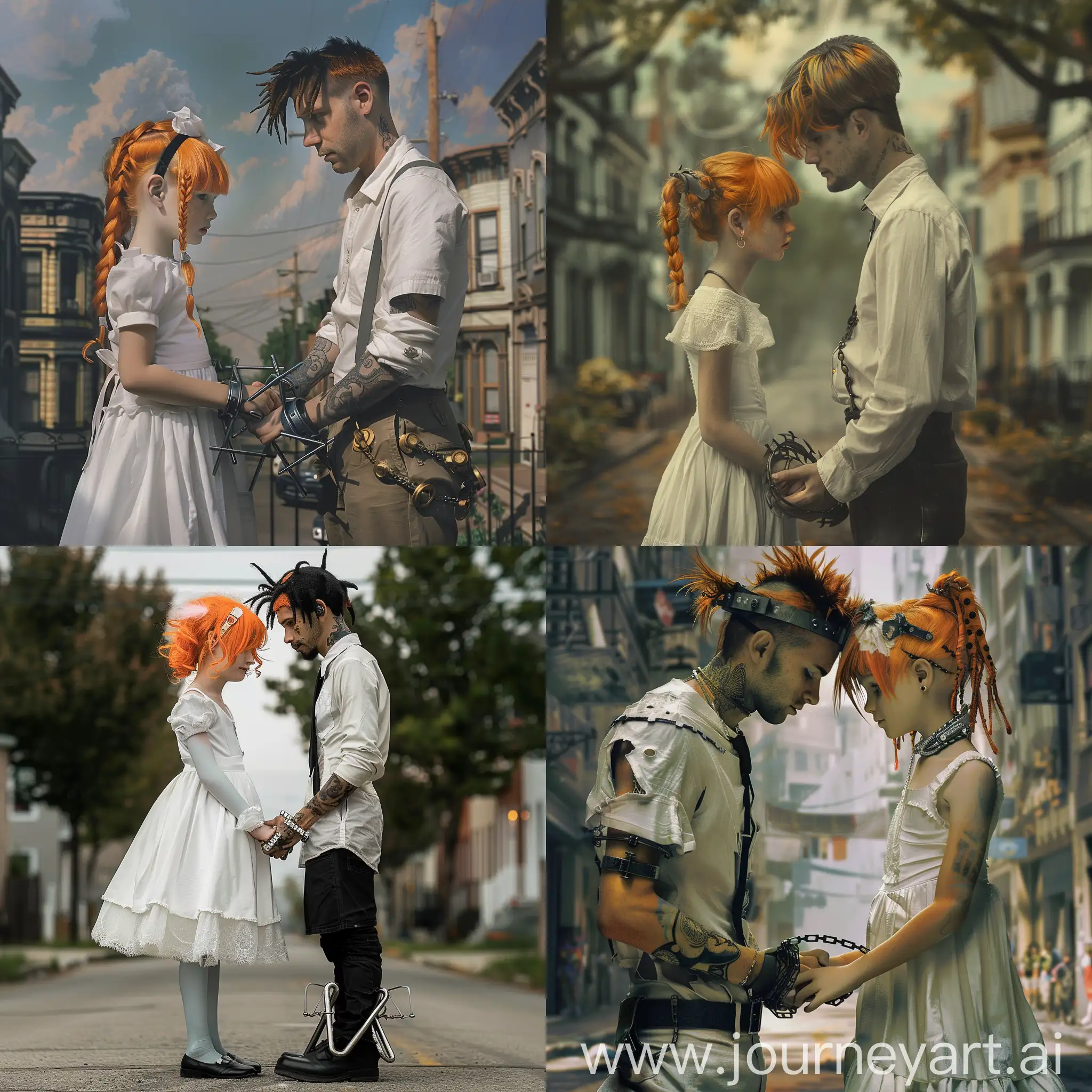 A man and a young girl with orange hair and wearing a white dress, their hands held together by prison clamps, stand facing each other in a popular neighborhood.