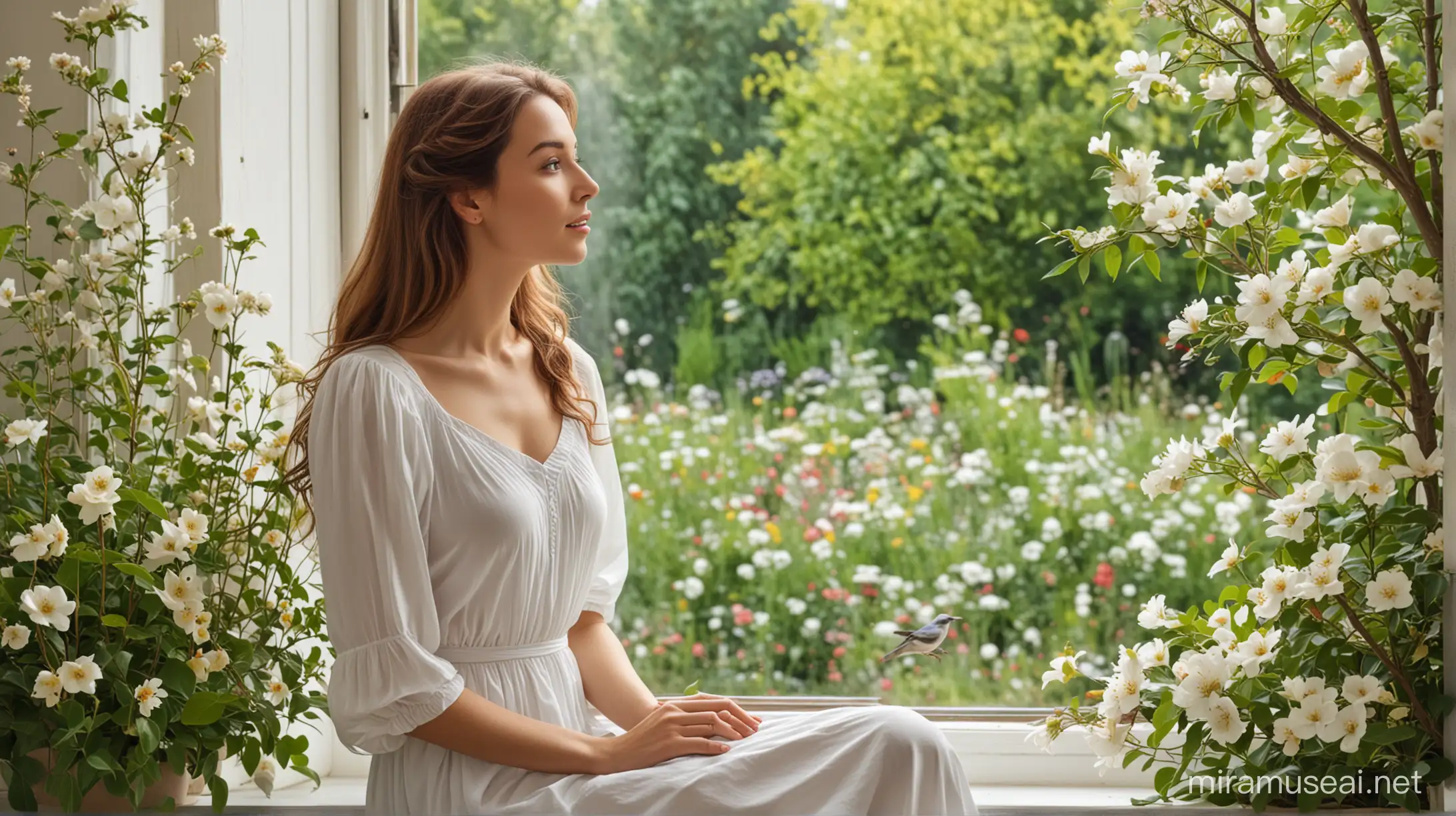 "нарисуй счастливую и в тоже время слегка задумчивую женщину в белом скромном платье, смотрящую в окно, выходящее в красивый цветущий сад и птицами"