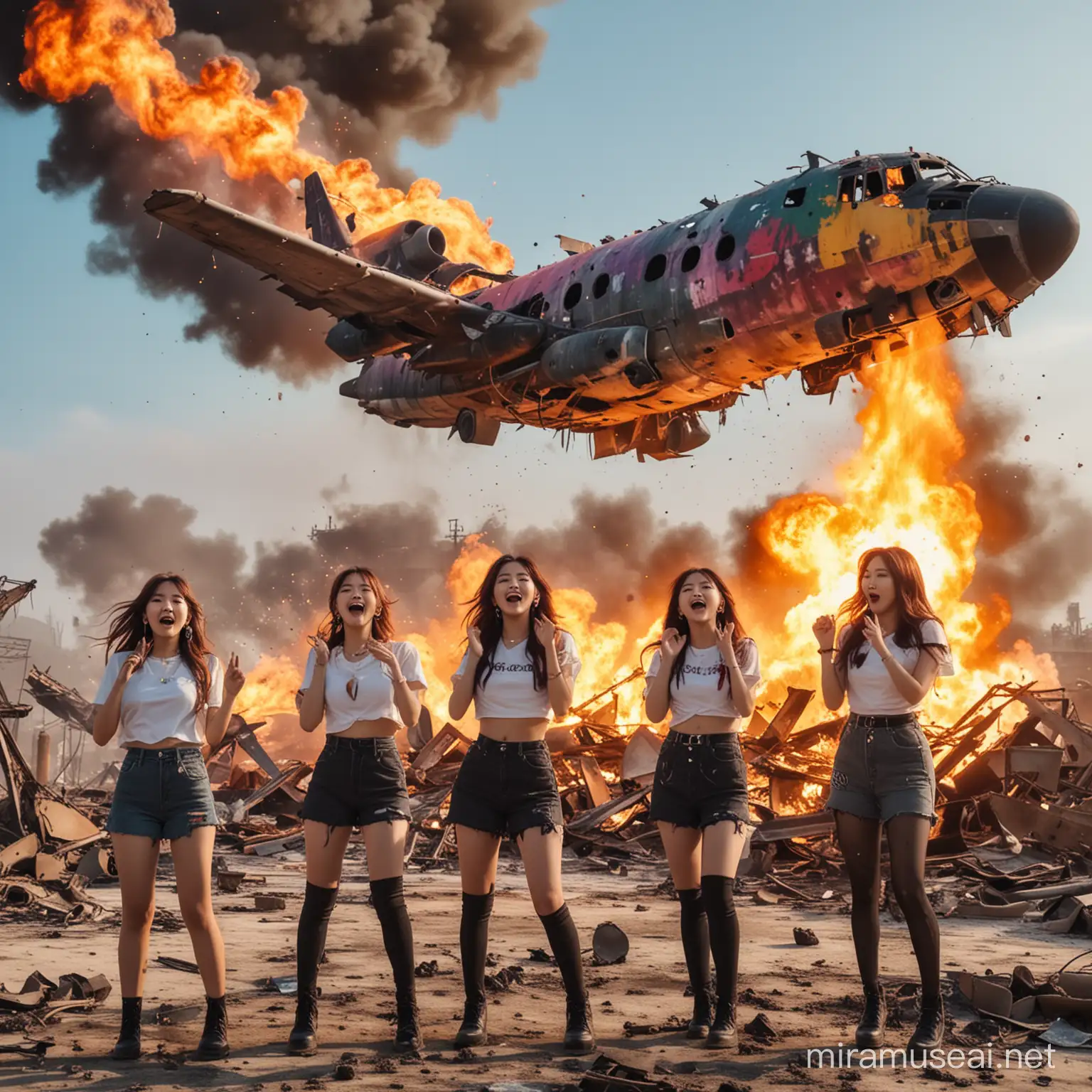 a female kpop group colorful and happy singing in front of a burning destroyed aircraft with explosions and war in the background
