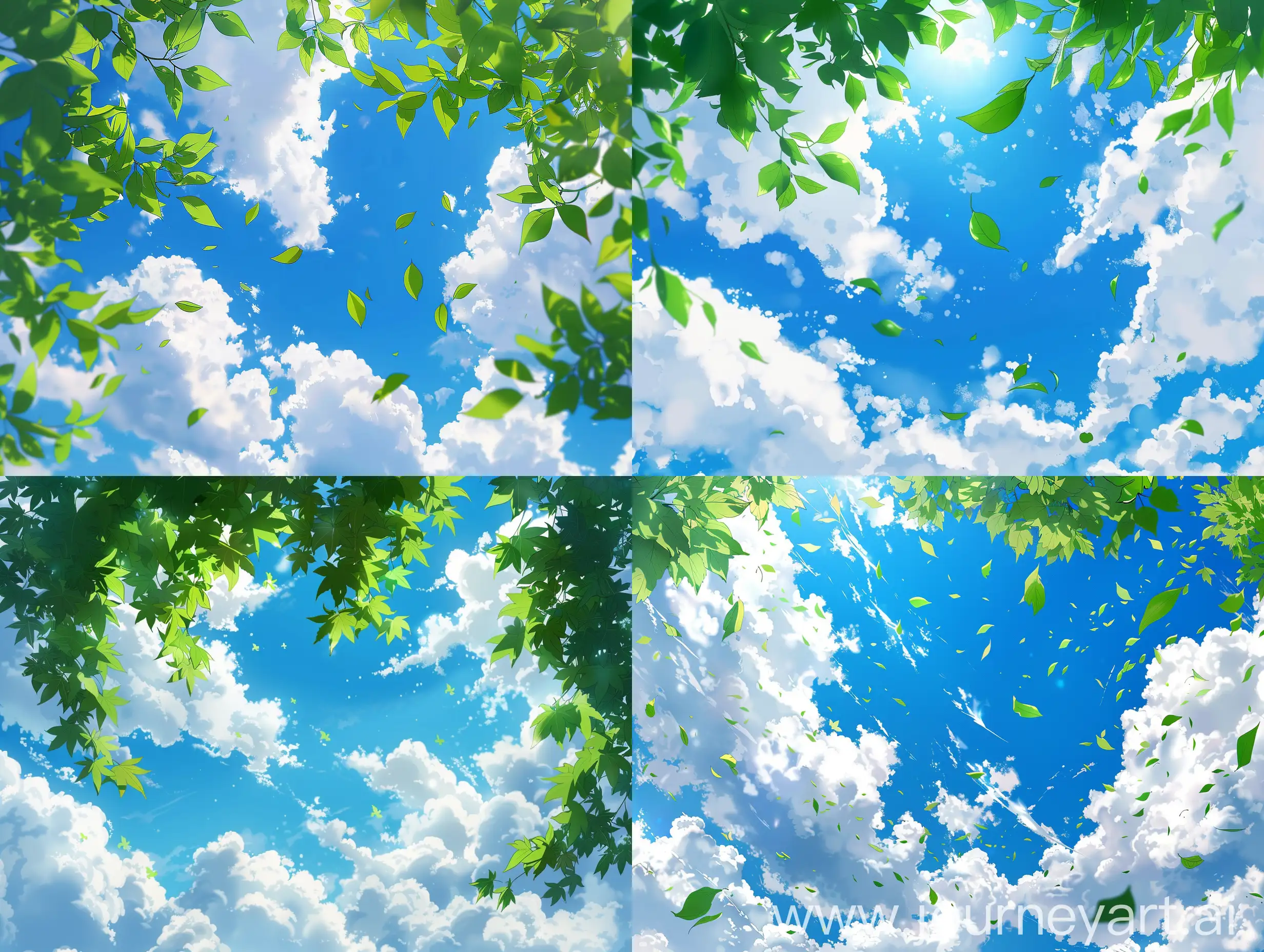 Bright green leaves move between the white clouds in the blue sky like a breeze, pushed by the wind between the clouds.  Anime style, 8k quality.