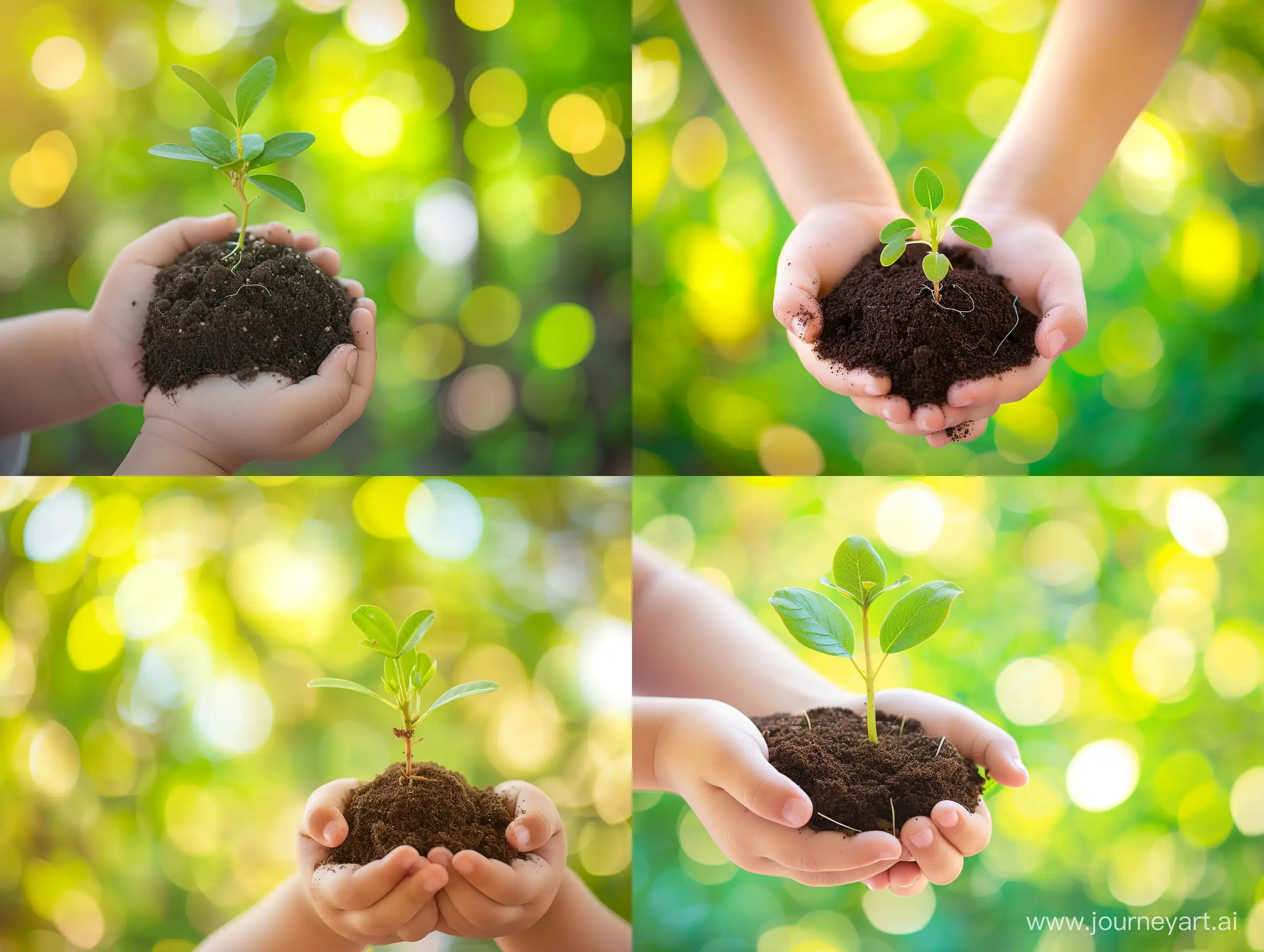 The child holds in his hands a handful of earth in which a sprout or seedling grows against background of beautiful green and yellow bokeh. Environmental protection.