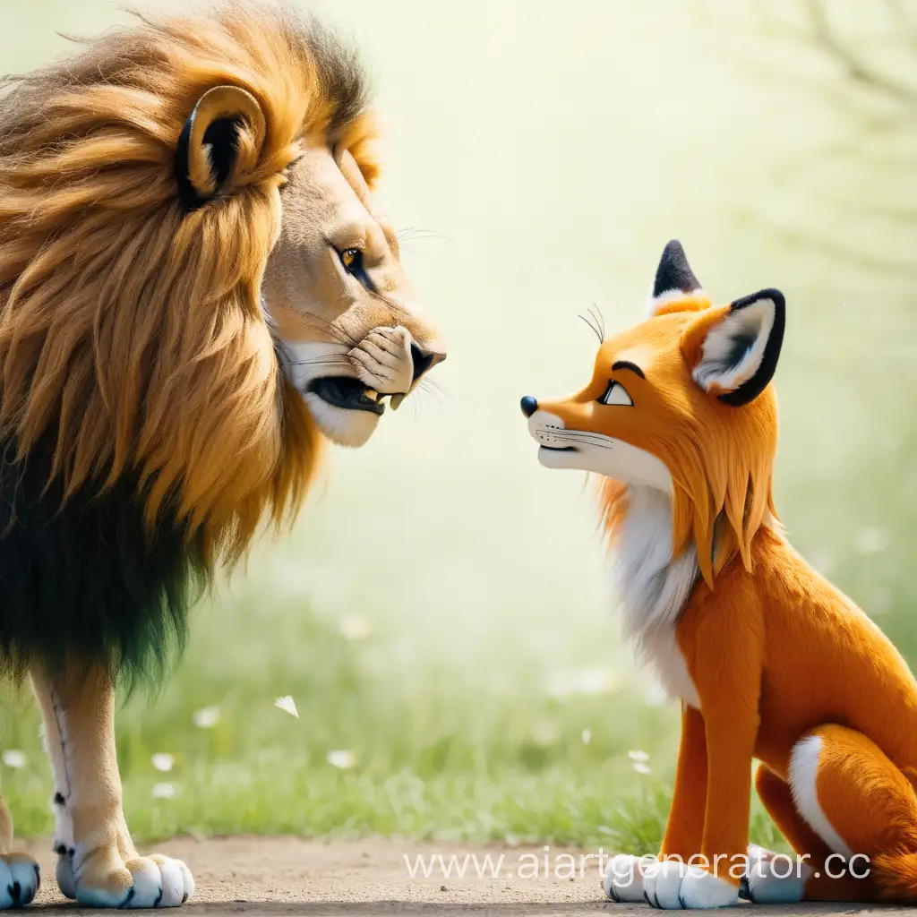a lion and a fox are talking to each other