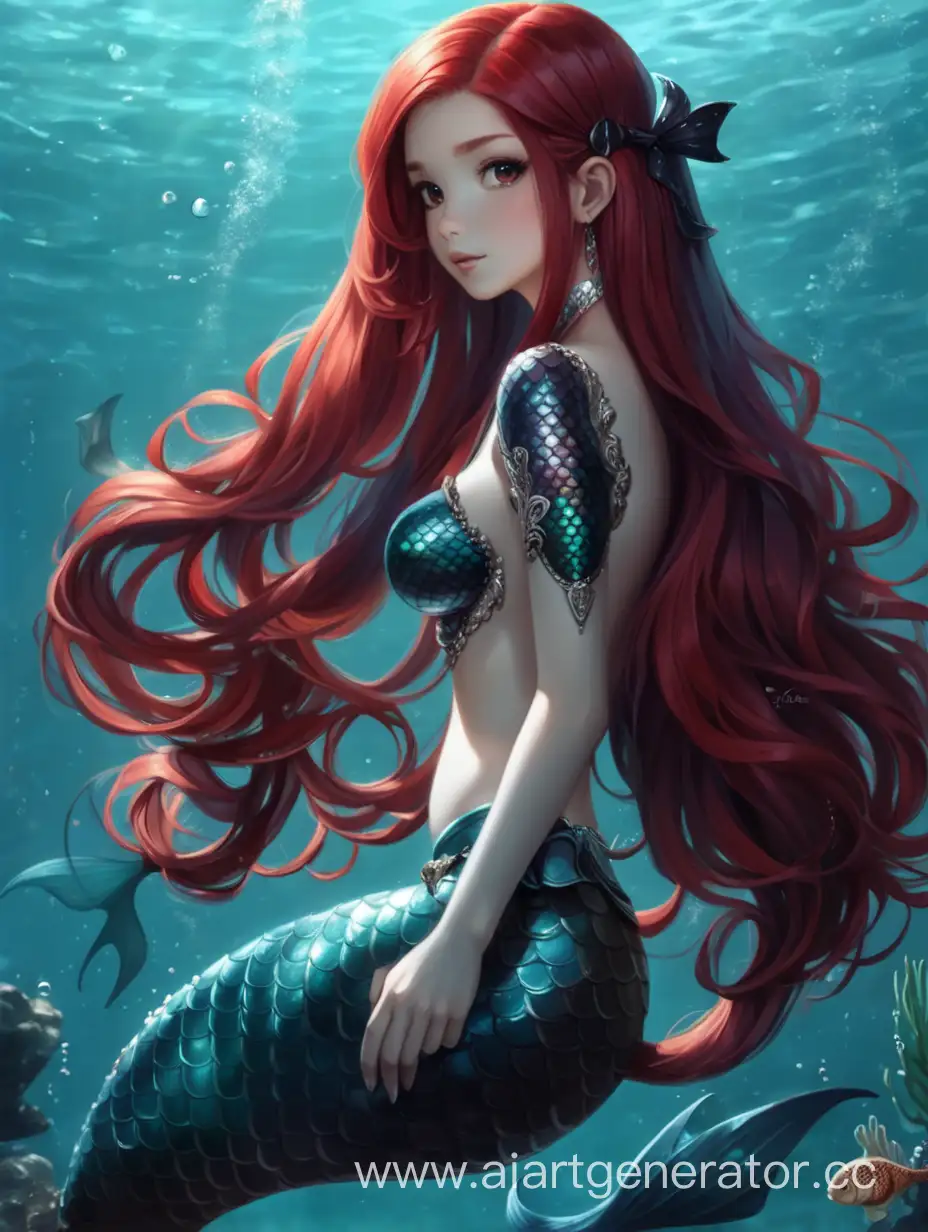 Girl, mermaid, long red hair, black tail
