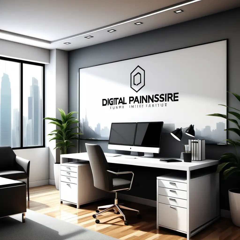 A professional and sophisticated digital painting of a modern office interior. The image features a clean and organized workspace with high-quality furniture and finishes. The  logo is prominently displayed in a tasteful and elegant manner, adding a touch of white to the background. The overall tone of the image is serious and businesslike, yet inviting and comfortable.

