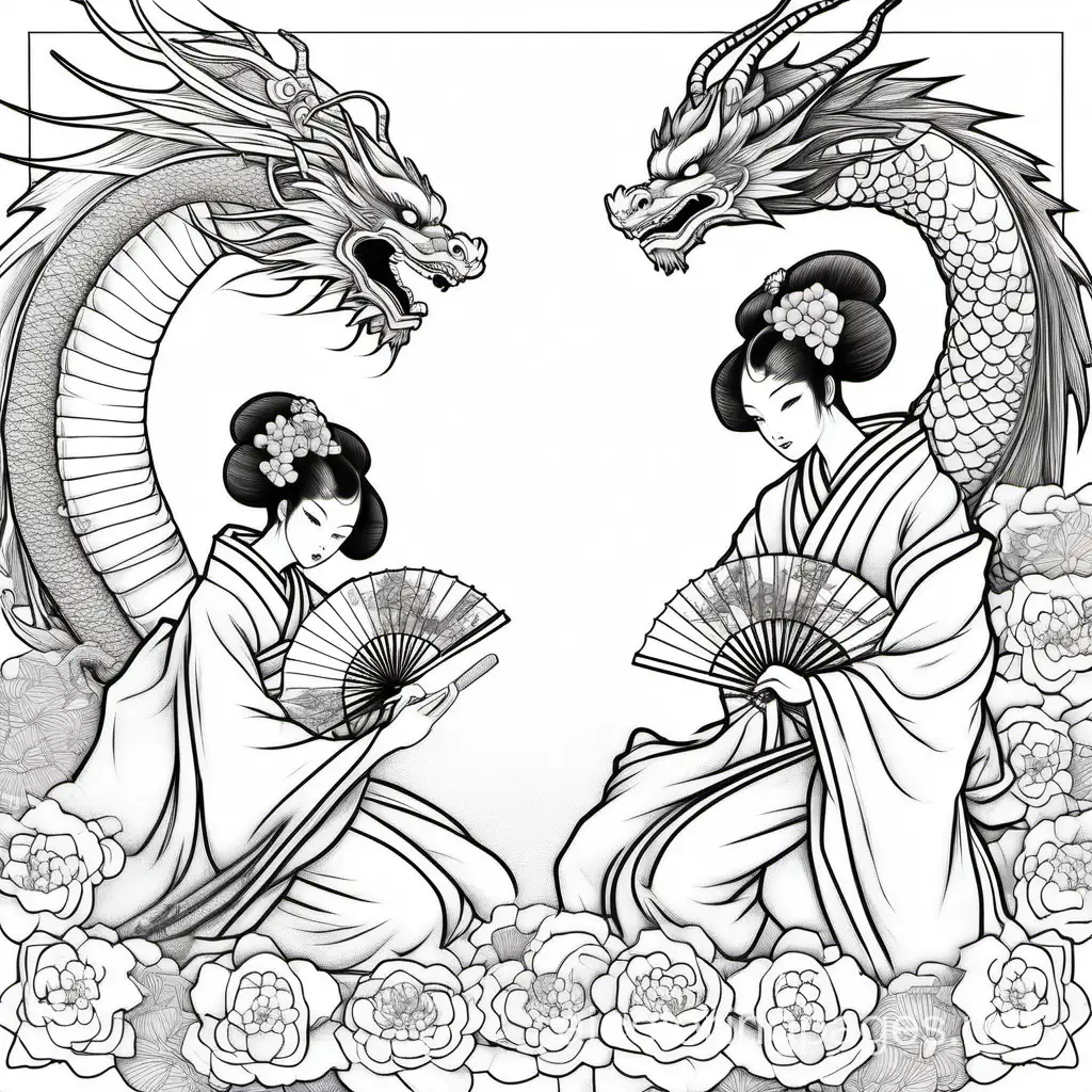 geishas and japanese blossoms fans and gojos dragons, Coloring Page, black and white, line art, white background, Simplicity, Ample White Space. The background of the coloring page is plain white to make it easy for young children to color within the lines. The outlines of all the subjects are easy to distinguish, making it simple for kids to color without too much difficulty
