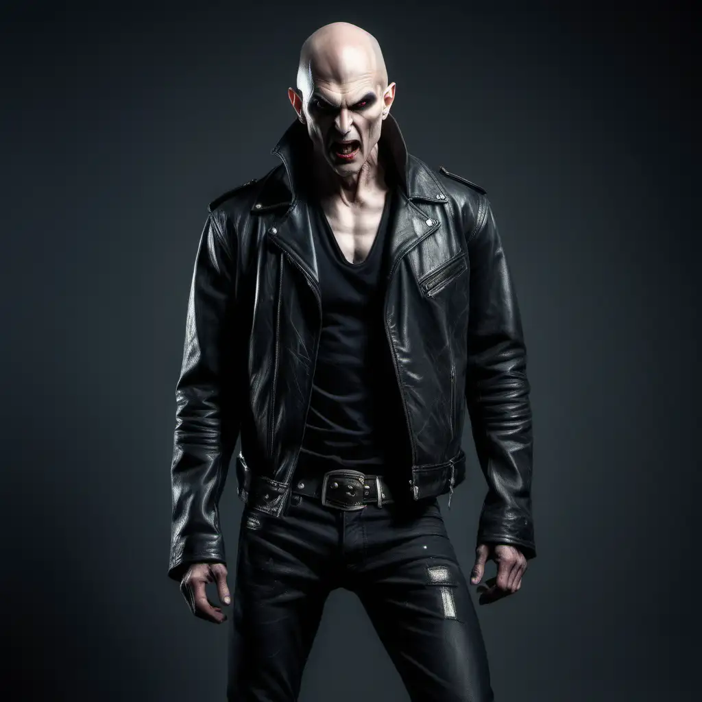 Imagine a vampire, full body image, bald, 190 cm tall, middle adged, rocker, wearing a very worn leather jacket, wearing a t-shirt, muscular build, normal face