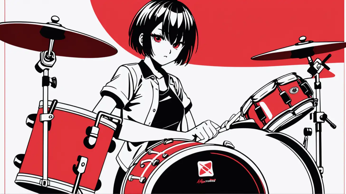 Dynamic Anime Girl Drummer Poster in Red Black and White Minimal Design